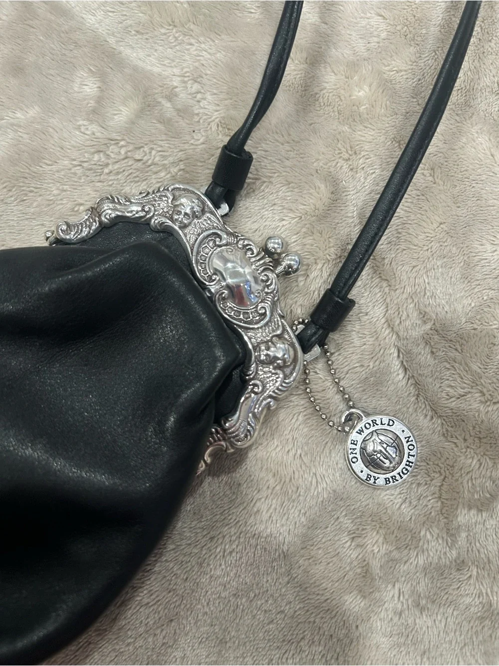 Brighton Black Leather Crossbody with Ornate Silver Frame and Charm